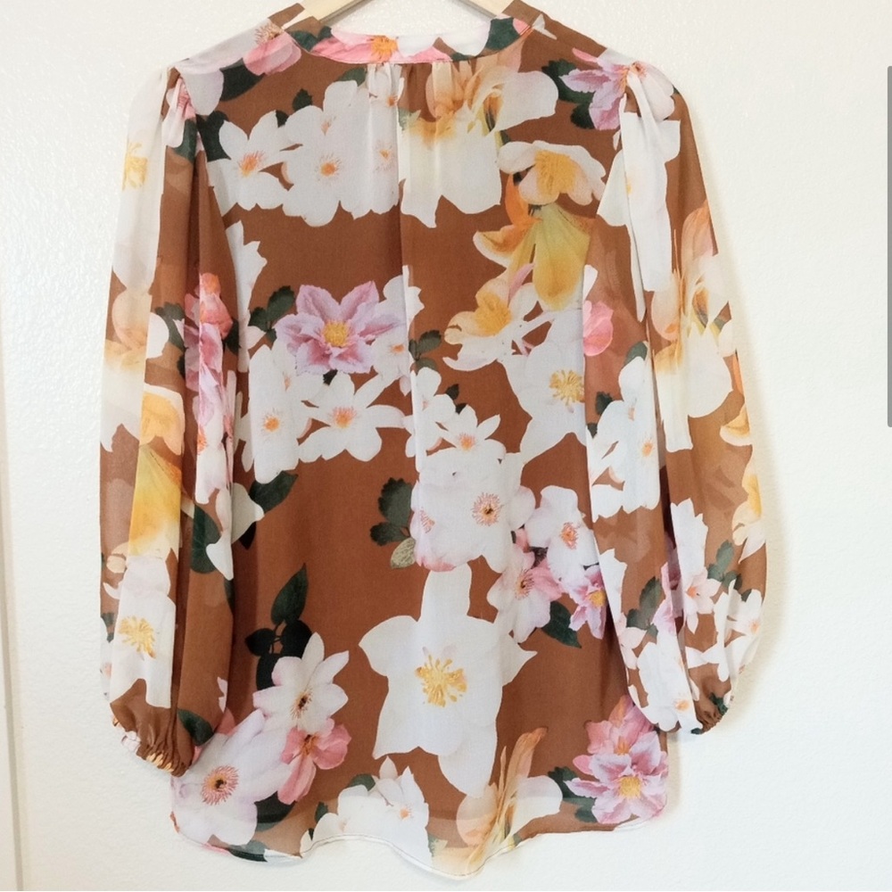 NWOT Calvin Klein Ruffle Sleeve Brown Floral Blouse